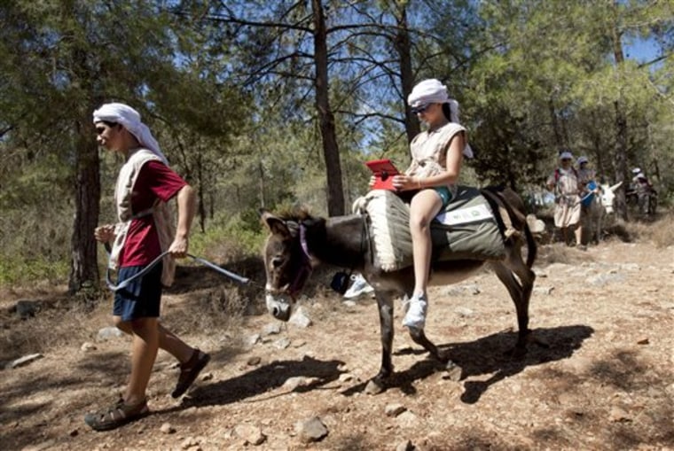 American tourist Ella uses an iPad while riding a Wi-Fi-outfitted donkey lead by her brother Aaron, in Kfar Kedem, a biblical reenactment park in northern Israel, on Aug. 22. (AP Photo/Ariel Schalit)